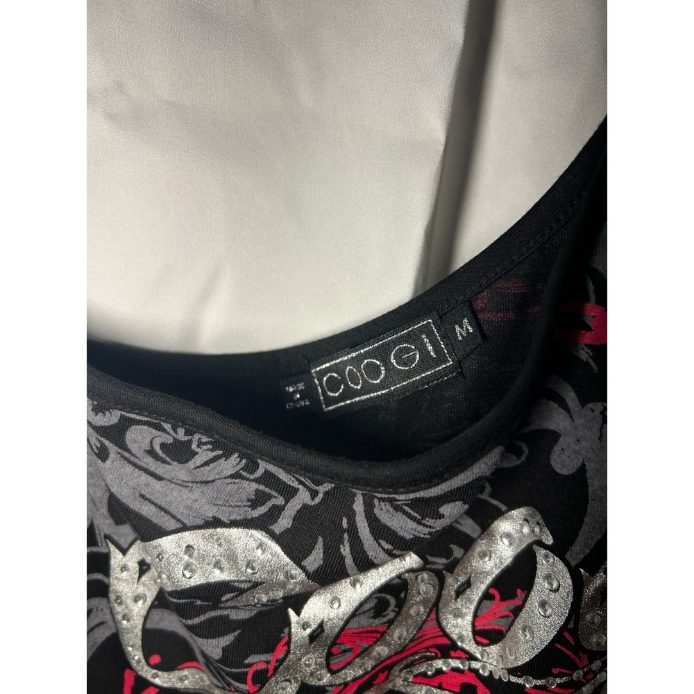 Coogi Womens One Shoulder Maxi Dress Black Pink Graphic Rhinestone Y2K M - Picture 9 of 10